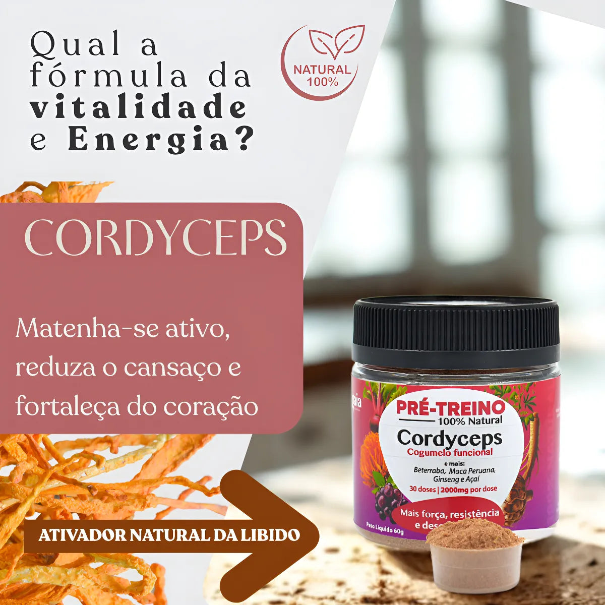 Pré-treino Natural de Cogumelo Cordyceps